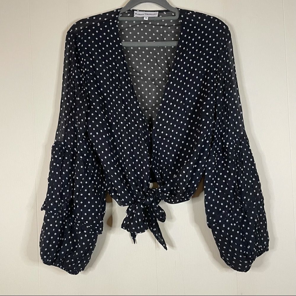 Karina Grimaldi Polka Dot Tie Front Crop Top